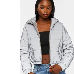 Forever 21 - Reflective Hooded Puffer Jacket Silver - L